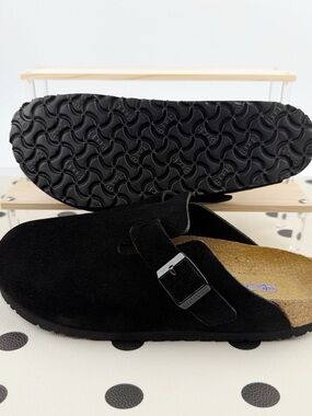 Birkenstock Black Suede Boston Clog with Silver Buckle